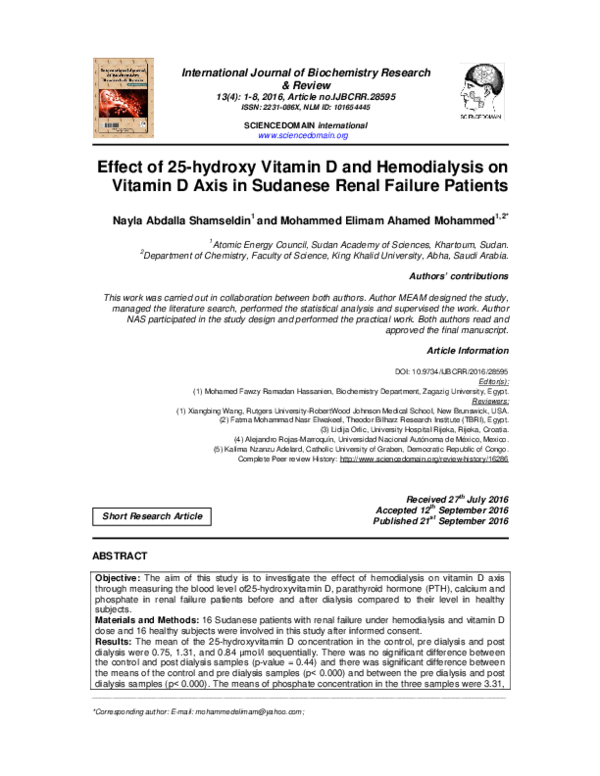 (PDF) Effect of 25-hydroxy Vitamin D and Hemodialysis on Vitamin D Axis ...