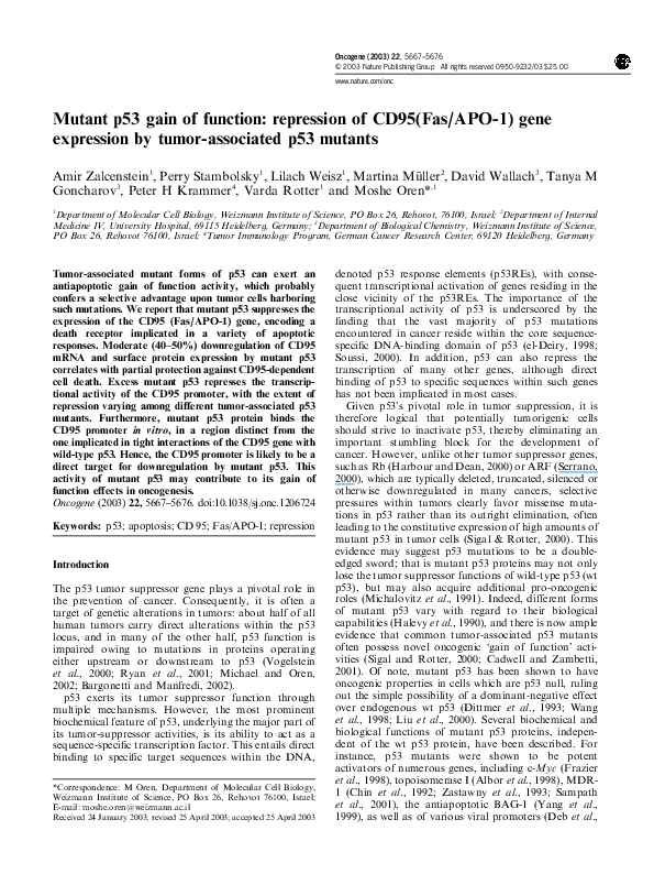 (PDF) Mutant p53 gain of function: repression of CD95(Fas/APO1) gene ...