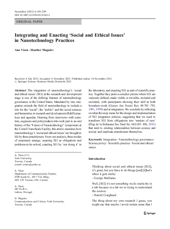 PDF) Integrating and Enacting 'Social and Ethical Issues' in Nanotechnology  Practices | Ana Viseu - Academia.edu