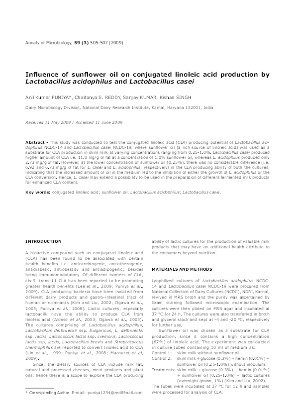 (PDF) Influence of sunflower oil on conjugated linoleic acid production