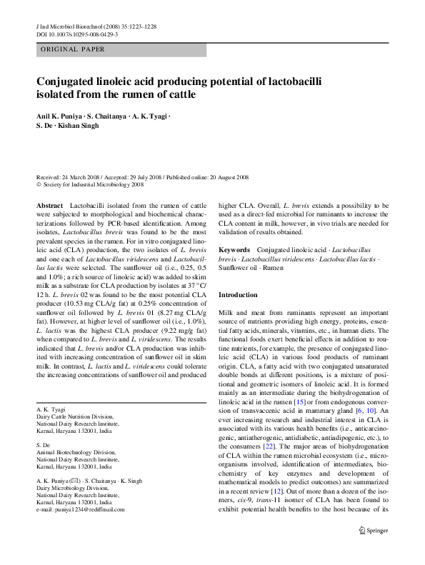 (PDF) Conjugated linoleic acid producing potential of lactobacilli isolated from the rumen of