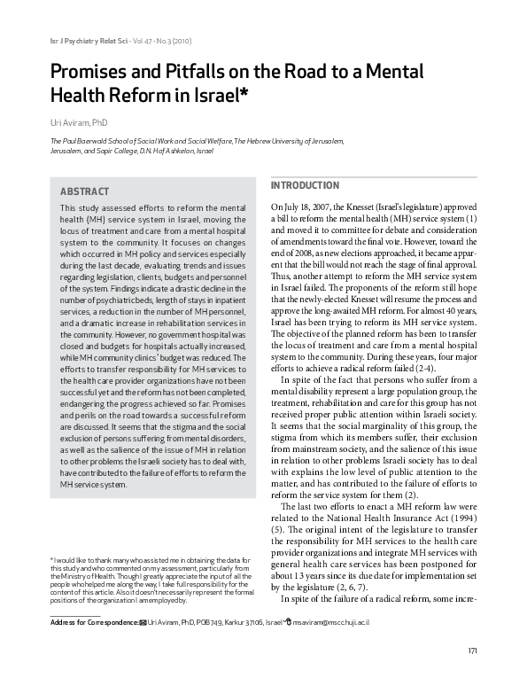 (PDF) Promises and Pitfalls on the road to a Mental Health reform in Israel