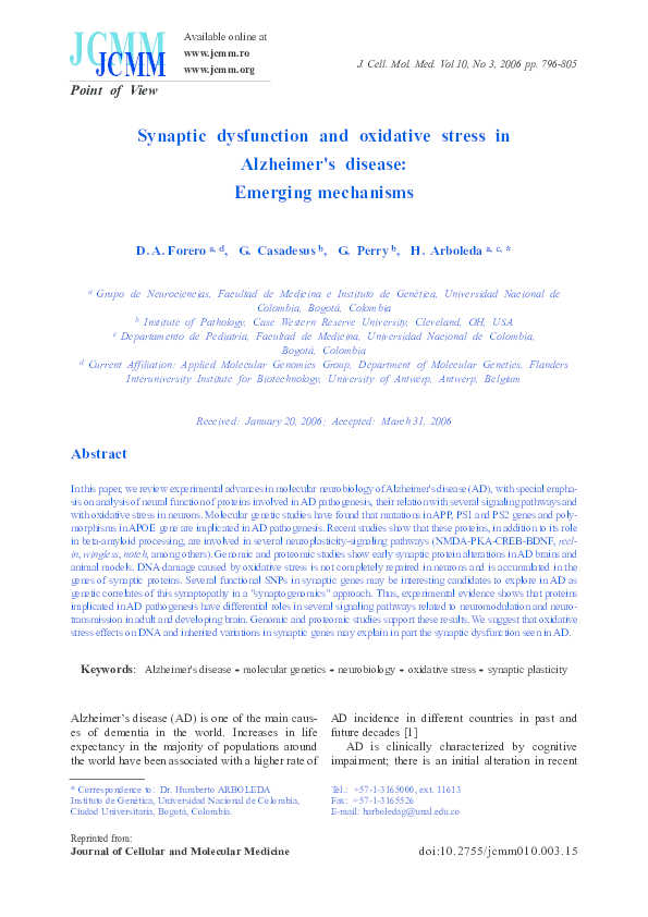 (PDF) Synaptic dysfunction and oxidative stress in Alzheimer's disease ...