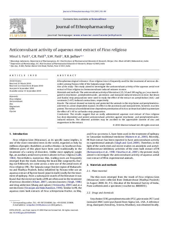 (PDF) Anticonvulsant activity of aqueous root extract of Ficus religiosa