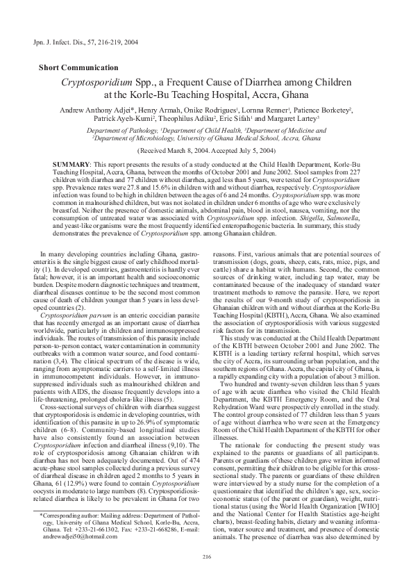 (PDF) Cryptosporidium Spp., a Frequent Cause of Diarrhea among Children ...