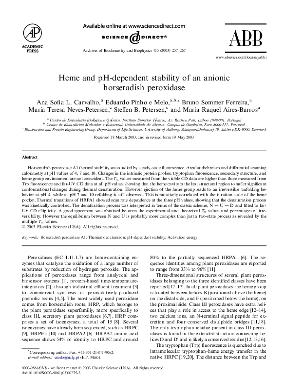 (PDF) Heme and pHdependent stability of an anionic horseradish