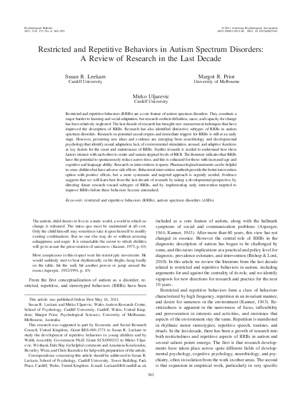 (PDF) Restricted and Repetitive Behaviors in Autism Spectrum Disorders ...