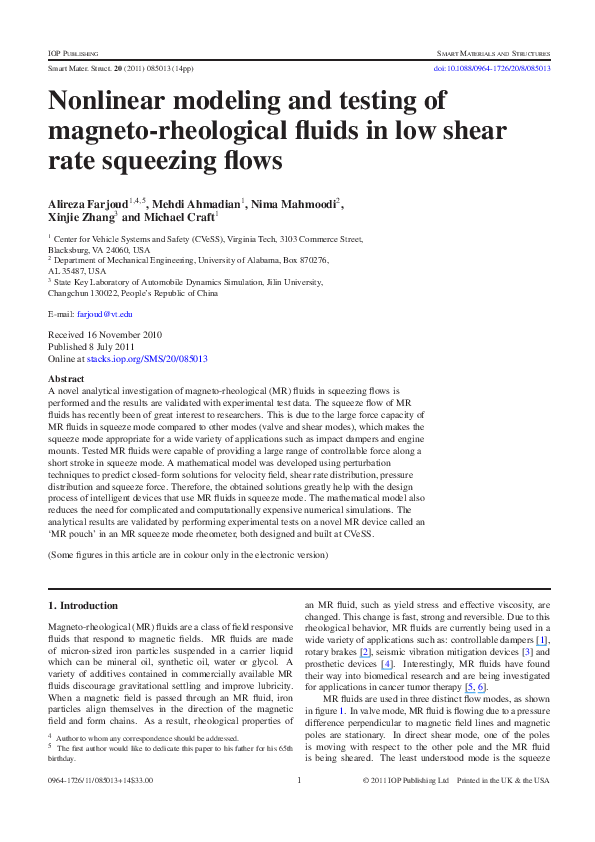 (PDF) Nonlinear modeling and testing of magneto-rheological fluids in ...