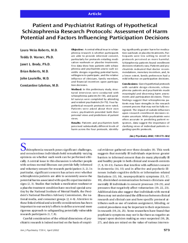 (PDF) Patient and Psychiatrist Ratings of Hypothetical Schizophrenia Research Protocols