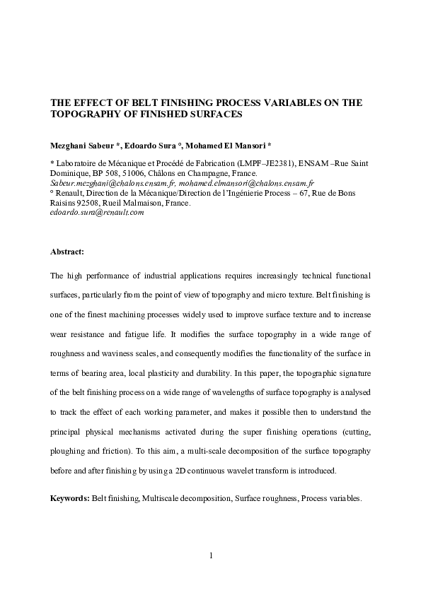 (PDF) The Effect of Belt Finishing Process Variables on the Topography