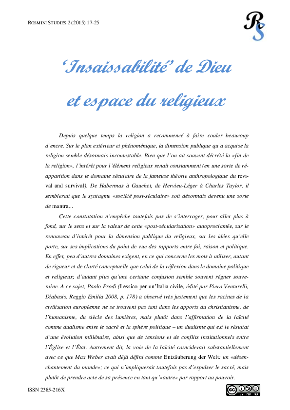 (PDF) 'Insaissabilité' de Dieu et espace du religieux
