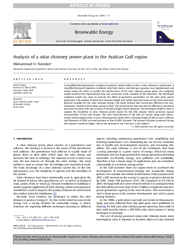 (PDF) Analysis of a solar chimney power plant in the Arabian Gulf region