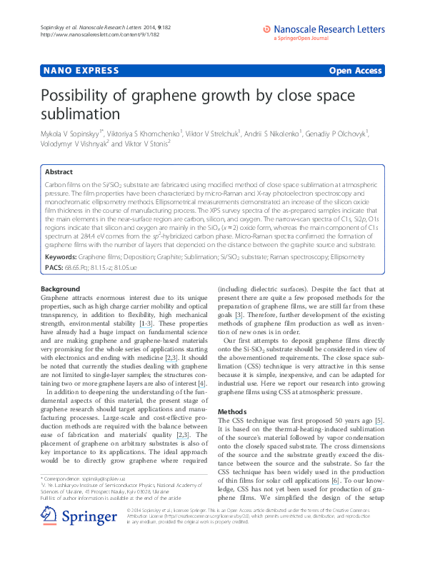 (PDF) Possibility of graphene growth by close space sublimation