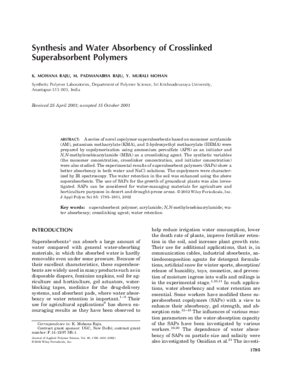 (PDF) Synthesis and water absorbency of crosslinked superabsorbent polymers