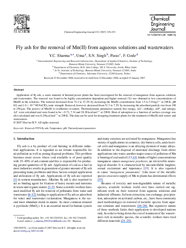 (PDF) Fly ash for the removal of Mn(II) from aqueous solutions and ...
