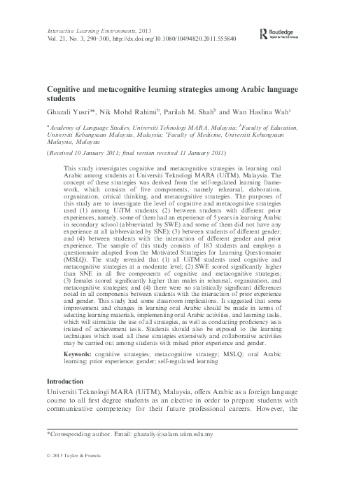 (PDF) Cognitive and metacognitive learning strategies among Arabic ...