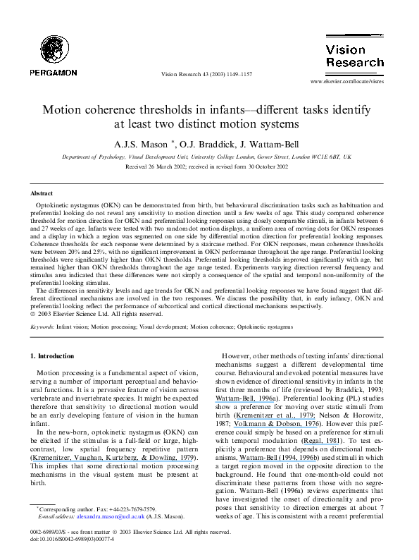 (PDF) Motion coherence thresholds in infants--different tasks identify ...