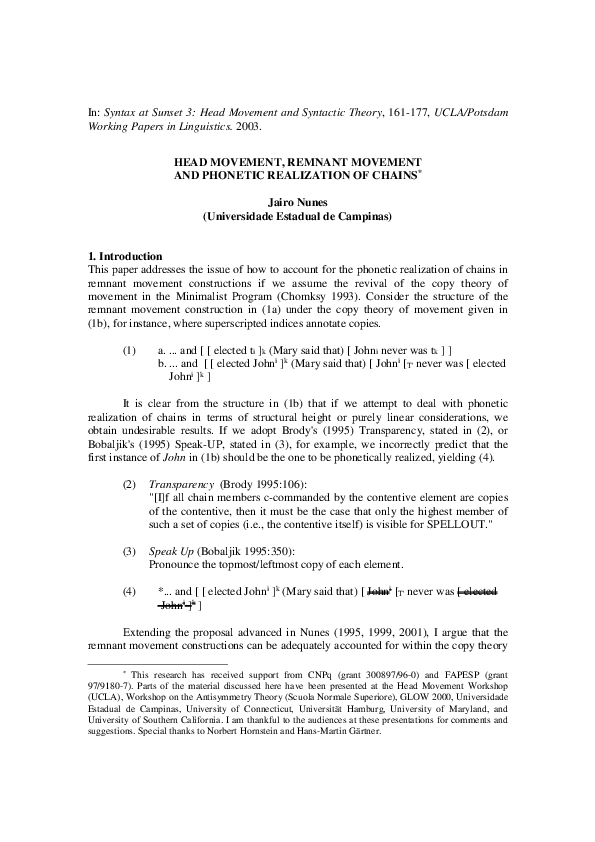 (PDF) HEAD MOVEMENT, REMNANT MOVEMENT AND REALIZATION OF