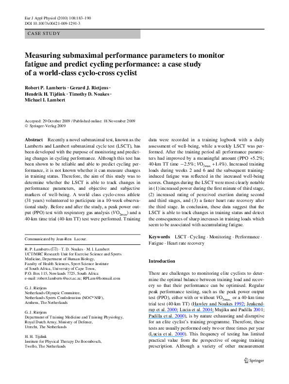 (PDF) Measuring submaximal performance parameters to monitor fatigue ...