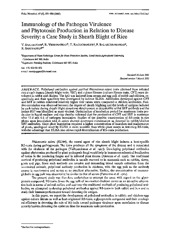 (PDF) Immunology of the pathogen virulence and phytotoxin production in ...