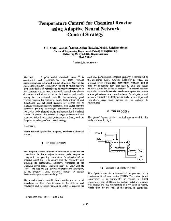 (PDF) Temperature control for chemical reactor using adaptive neural ...