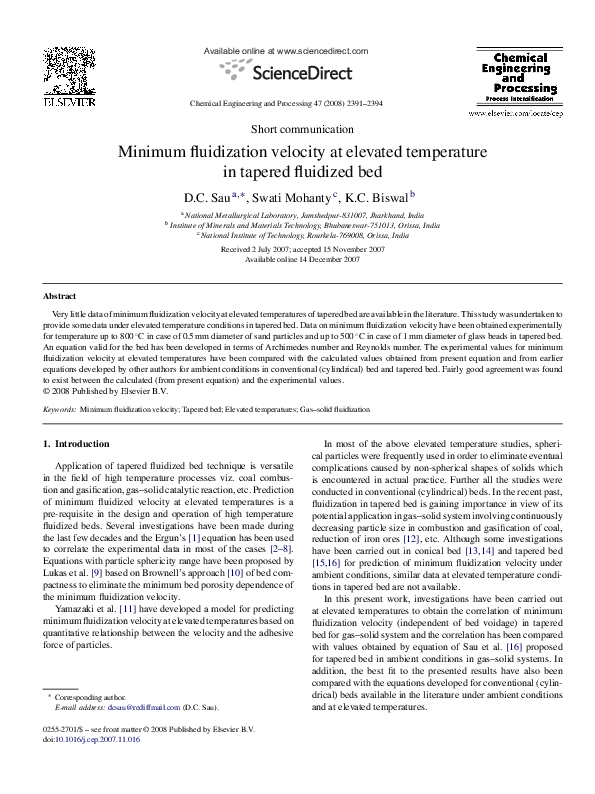(PDF) Minimum fluidization velocity at elevated temperature in tapered