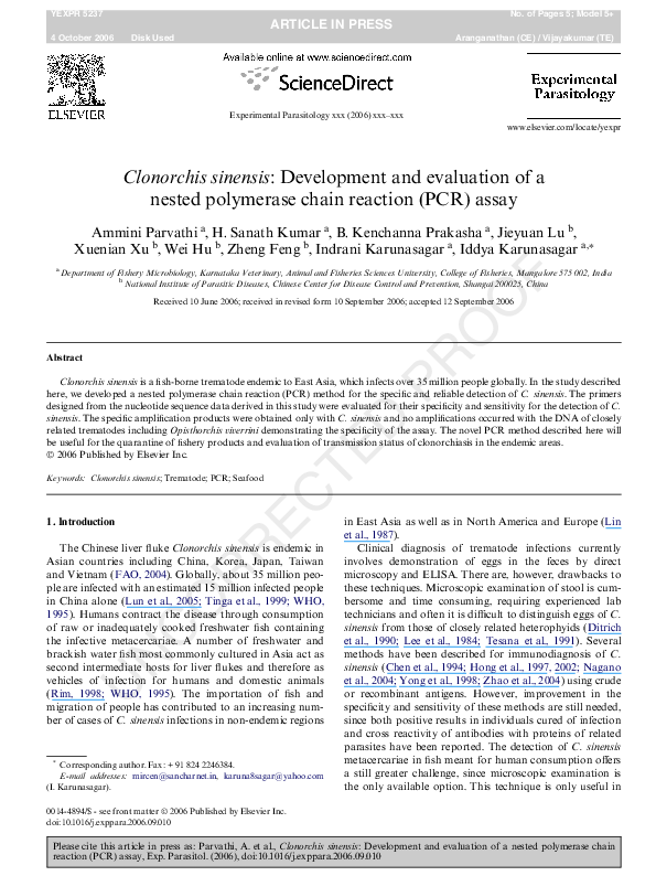 (PDF) Clonorchis sinensis: Development and evaluation of a nested ...