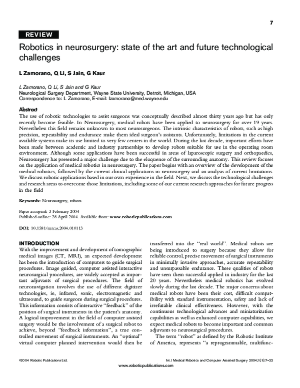 (PDF) Robotics in neurosurgery: state of the art and future ...