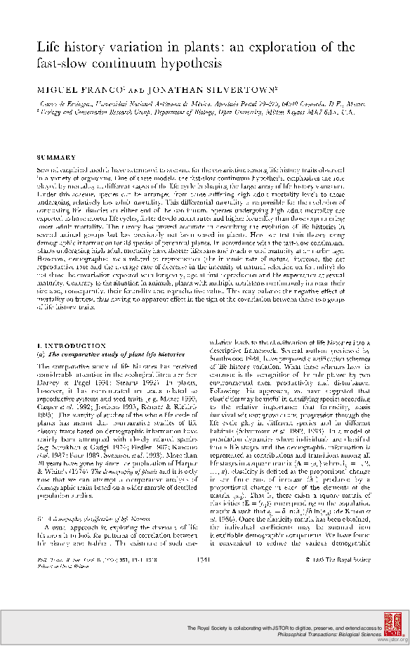 Pdf Life History Variation In Plants An Exploration Of The Fast Slow Continuum Hypothesis Miguel Franco Academia Edu