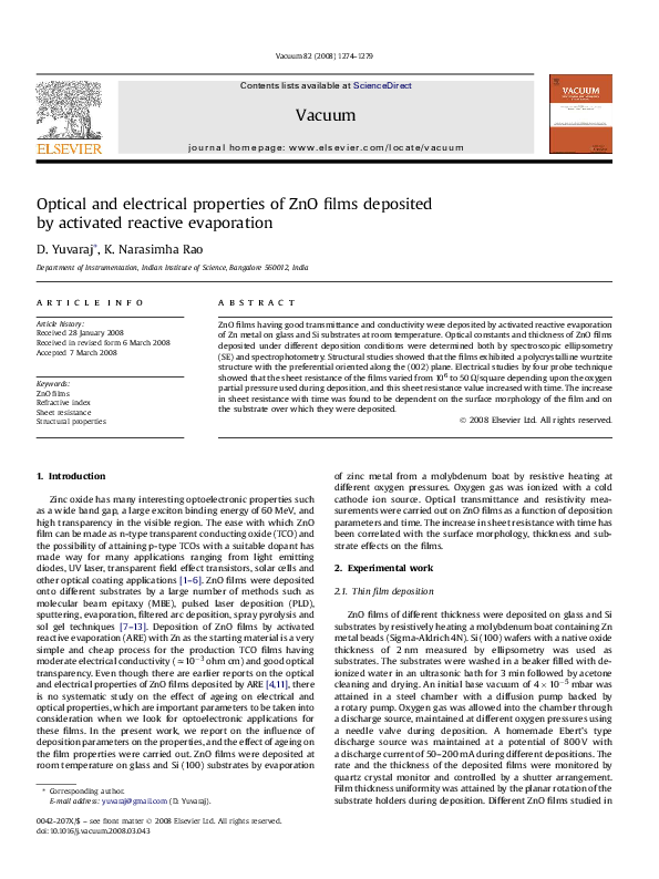 (PDF) Optical and electrical properties of ZnO films deposited by ...