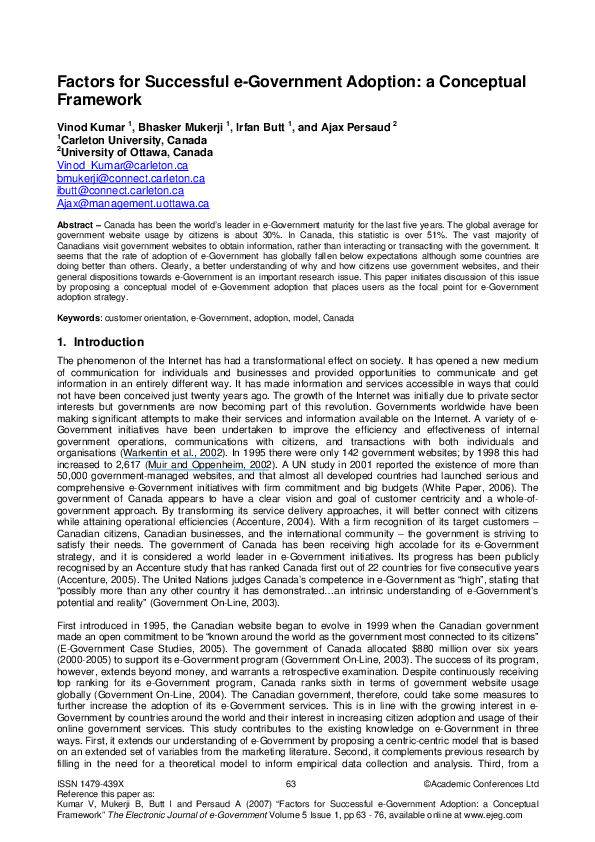 (PDF) Factors for Successful e-Government Adoption: a Conceptual Framework