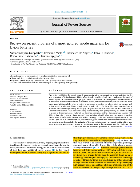 (PDF) Review on recent progress of nanostructured anode materials for ...