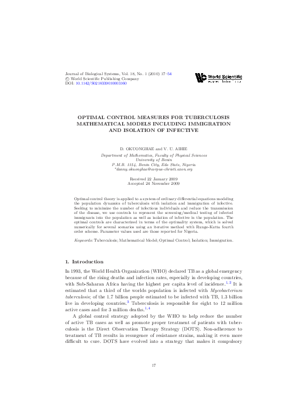 (PDF) OPTIMAL CONTROL MEASURES FOR TUBERCULOSIS MATHEMATICAL MODELS ...