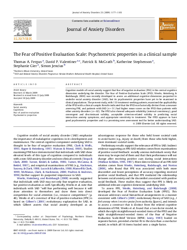 (PDF) The Fear of Positive Evaluation Scale: Psychometric properties in ...