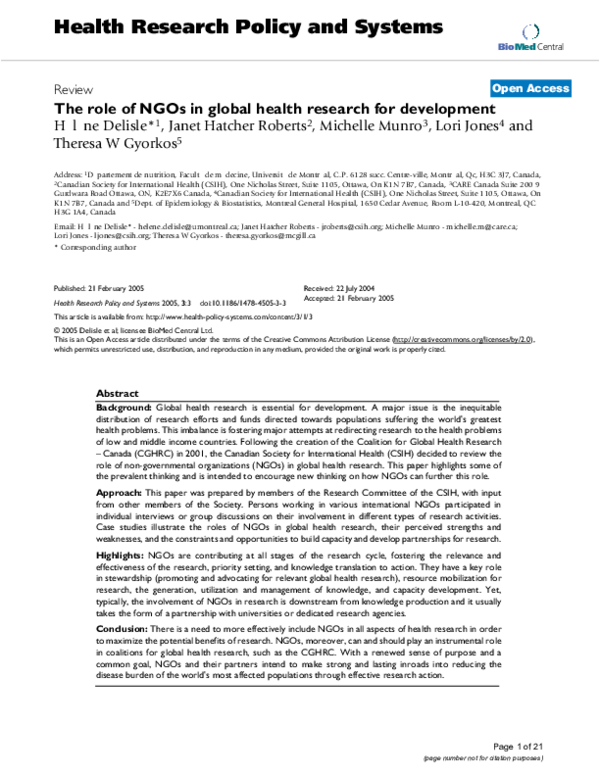 (PDF) The role of NGOs in global health research for development
