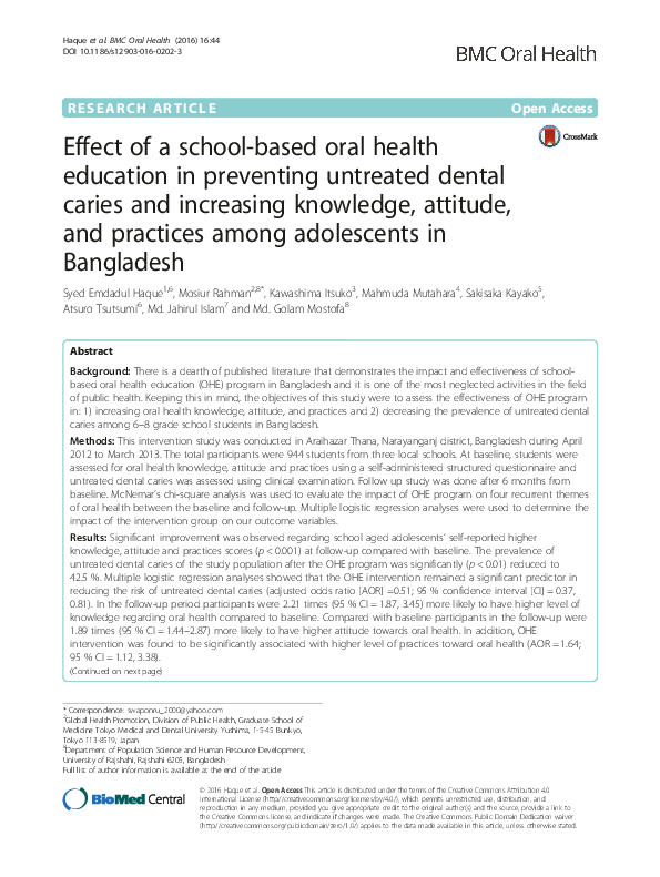 (PDF) Effect of a school-based oral health education in preventing ...