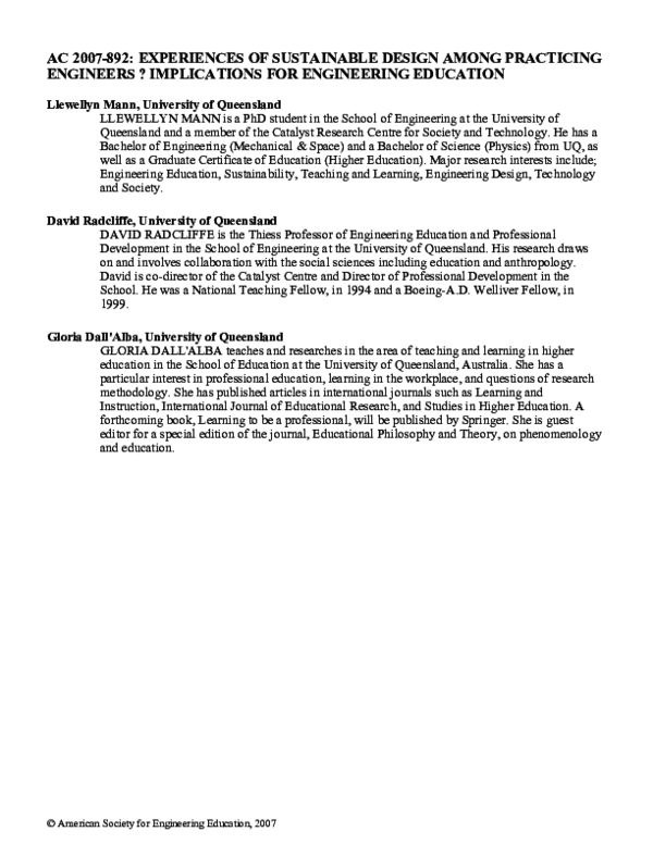 (PDF) Experiences of sustainable design among practicing engineers ...