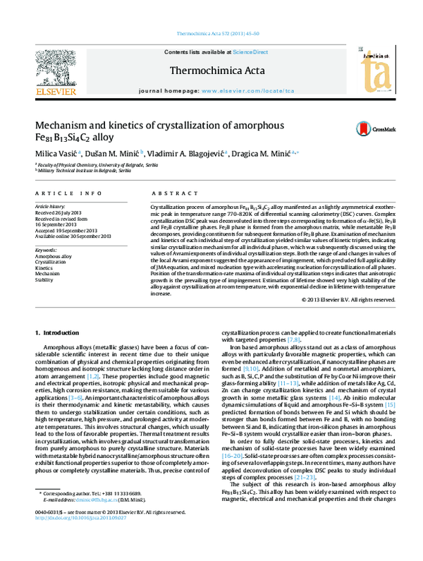 (PDF) Mechanism and kinetics of crystallization of amorphous Fe 81 B 13 ...