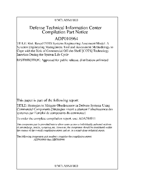 (PDF) RiskBased COTS Systems Engineering Assesment Model A Systems