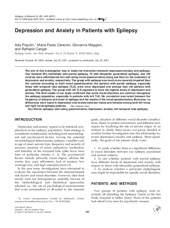 (PDF) Depression and Anxiety in Patients with Epilepsy