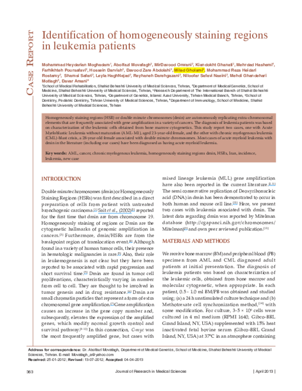 (PDF) Identification of homogeneously staining regions in leukemia patients