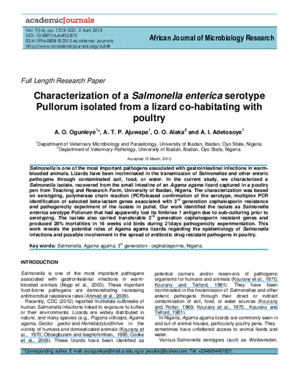 (PDF) Characterization of Salmonella enterica Serotype Newport Isolated ...