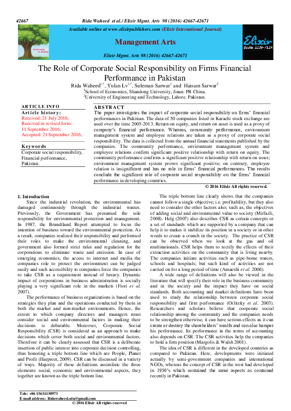 (PDF) The Role of Corporate Social Responsibility on Firms Financial ...