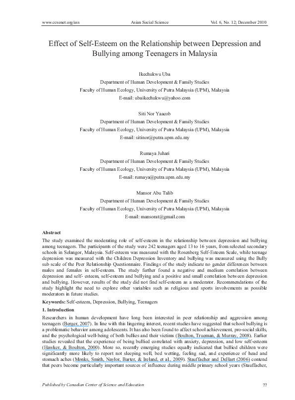 (PDF) Effect of Self-Esteem on the Relationship between Depression and ...