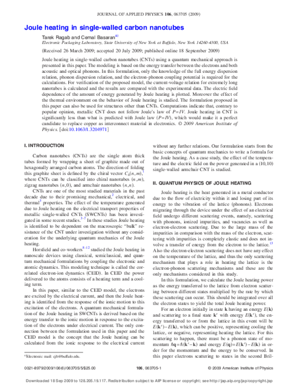 (PDF) Joule heating in singlewalled carbon nanotubes Cemal Basaran