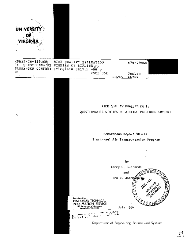 (PDF) Ride Quality Evaluation 1. Questionnaire Studies of Airline Passenger Comfort Larry