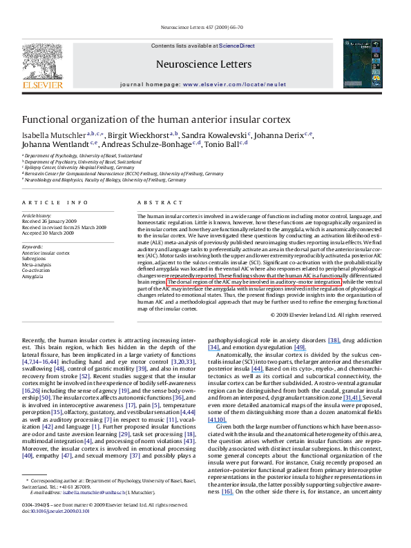 (PDF) Functional Organization of the Human Anterior Insular Cortex