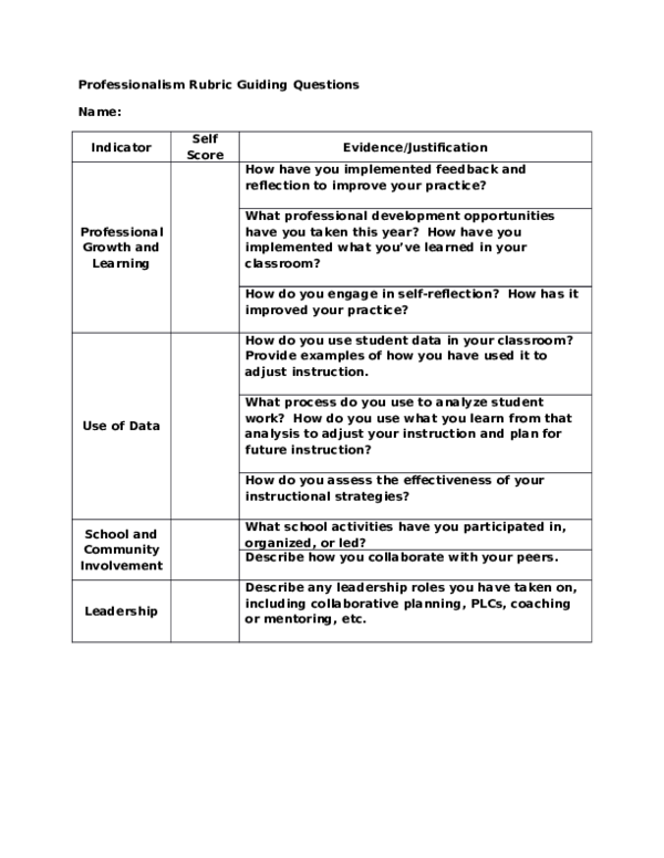 (DOC) Professionalism Rubric Guiding Questions