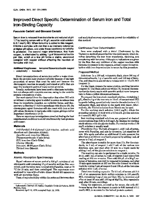 (PDF) Improved direct specific determination of serum iron and total