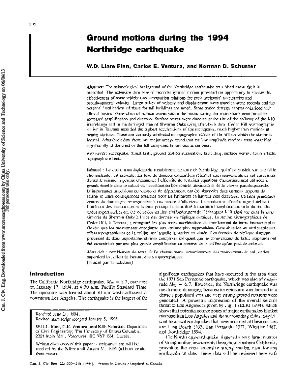 (PDF) Ground motions during the 1994 Northridge earthquake